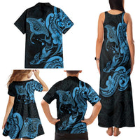 Hawaiian Manta Rays Family Matching Tank Maxi Dress and Hawaiian Shirt Tribal Hibiscus Polynesian Tattoos Blue Color - Polynesian Pride