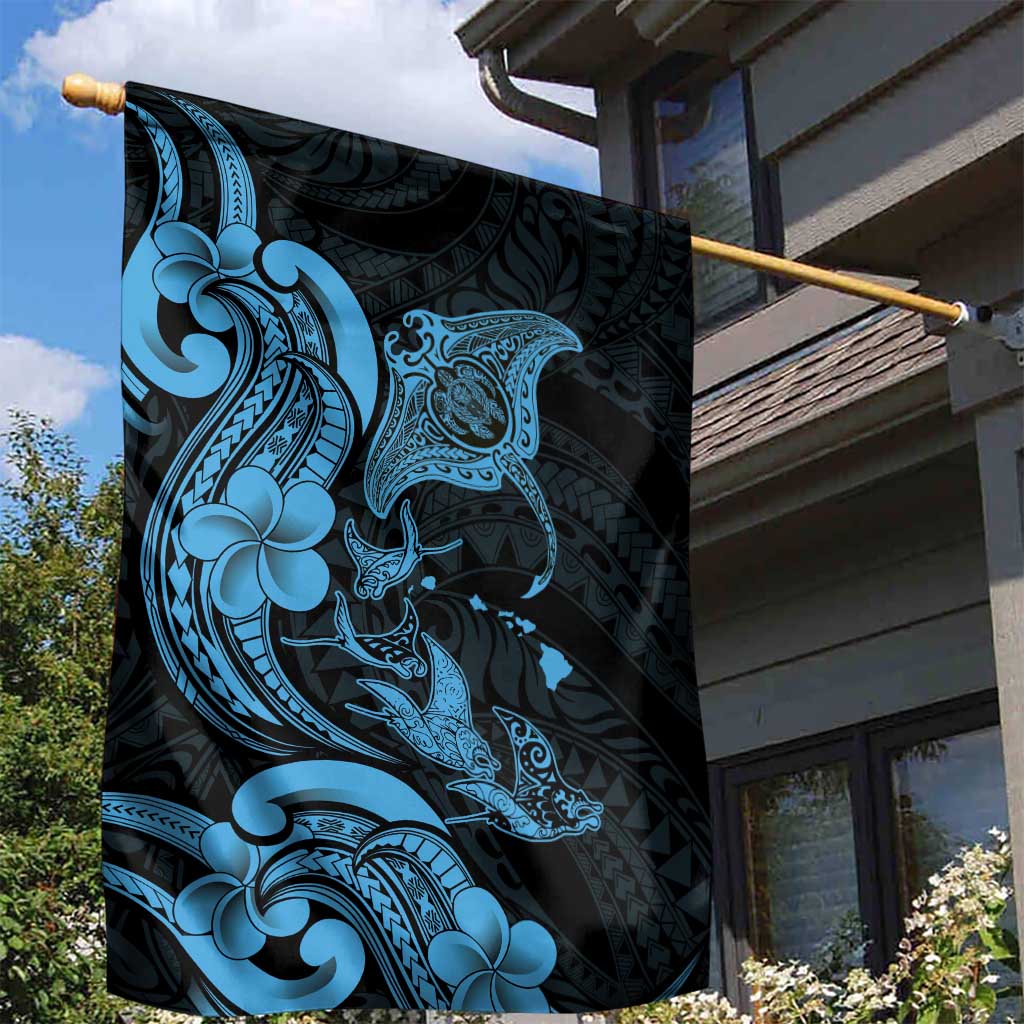 Hawaiian Manta Rays Garden Flag Tribal Hibiscus Polynesian Tattoos Blue Color - Polynesian Pride