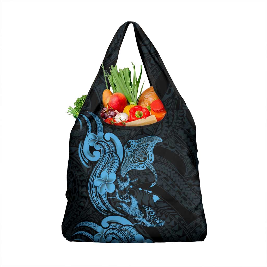 Hawaiian Manta Rays Grocery Bag Tribal Hibiscus Polynesian Tattoos Blue Color - Polynesian Pride