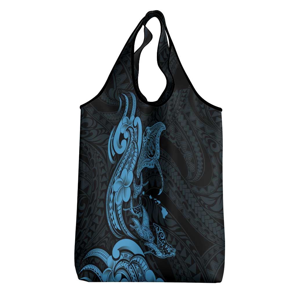 Hawaiian Manta Rays Grocery Bag Tribal Hibiscus Polynesian Tattoos Blue Color - Polynesian Pride