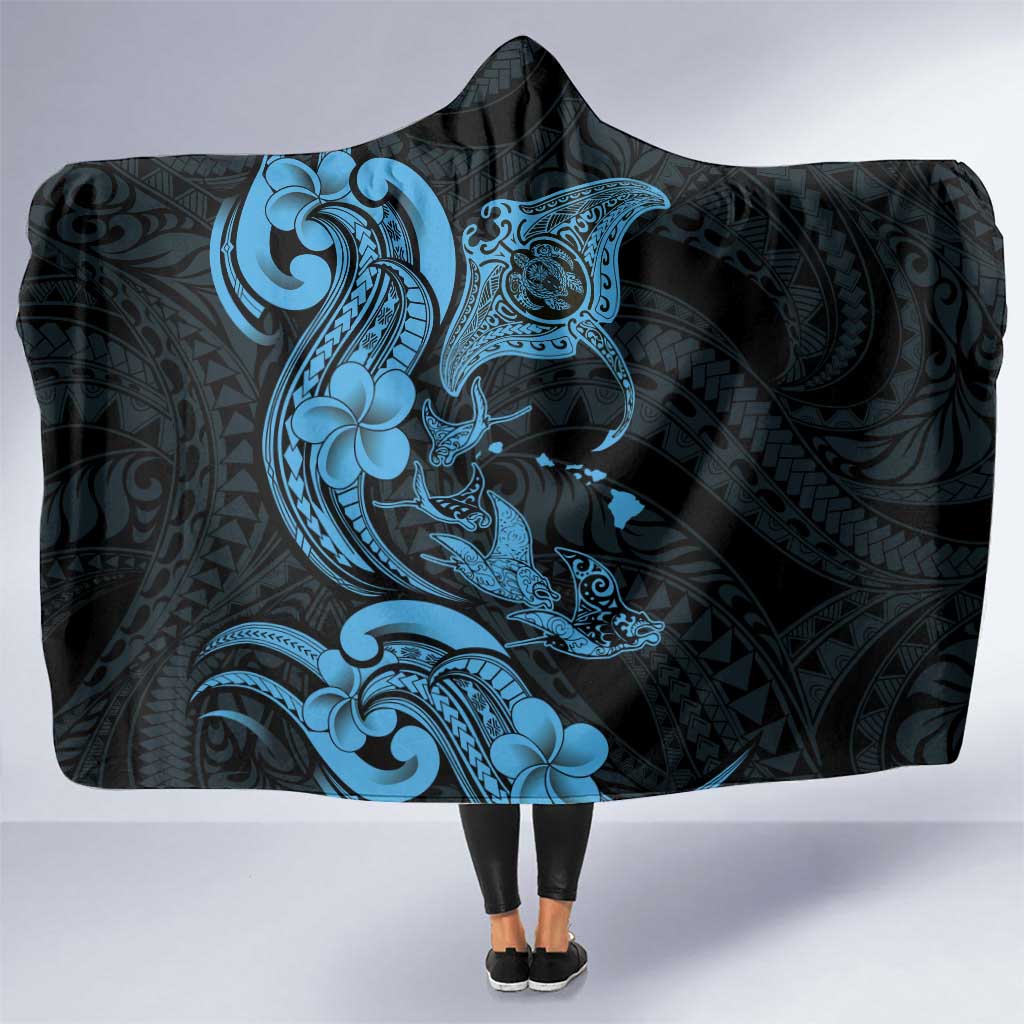 Hawaiian Manta Rays Hooded Blanket Tribal Hibiscus Polynesian Tattoos Blue Color - Polynesian Pride