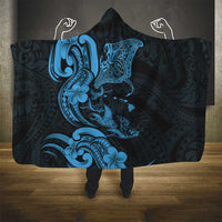 Hawaiian Manta Rays Hooded Blanket Tribal Hibiscus Polynesian Tattoos Blue Color - Polynesian Pride