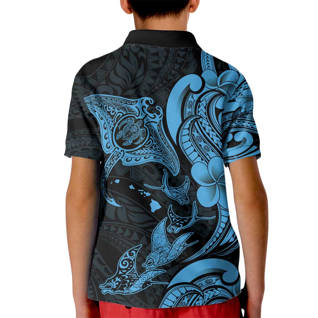 Hawaiian Manta Rays Kid Polo Shirt Tribal Hibiscus Polynesian Tattoos Blue Color - Polynesian Pride