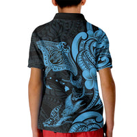 Hawaiian Manta Rays Kid Polo Shirt Tribal Hibiscus Polynesian Tattoos Blue Color - Polynesian Pride