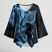 Hawaiian Manta Rays Kimono Sleeve Blouse Tribal Hibiscus Polynesian Tattoos Blue Color - Polynesian Pride