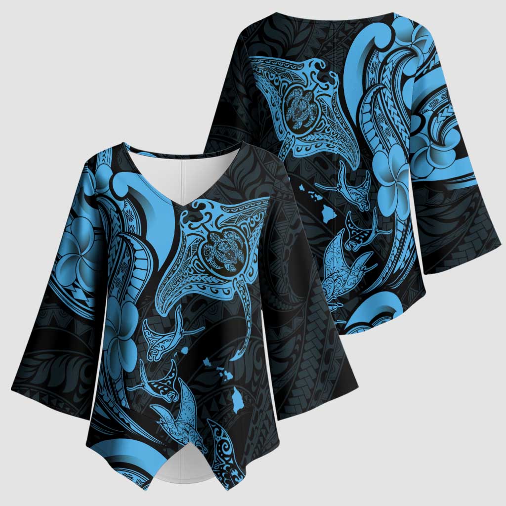 Hawaiian Manta Rays Kimono Sleeve Blouse Tribal Hibiscus Polynesian Tattoos Blue Color - Polynesian Pride