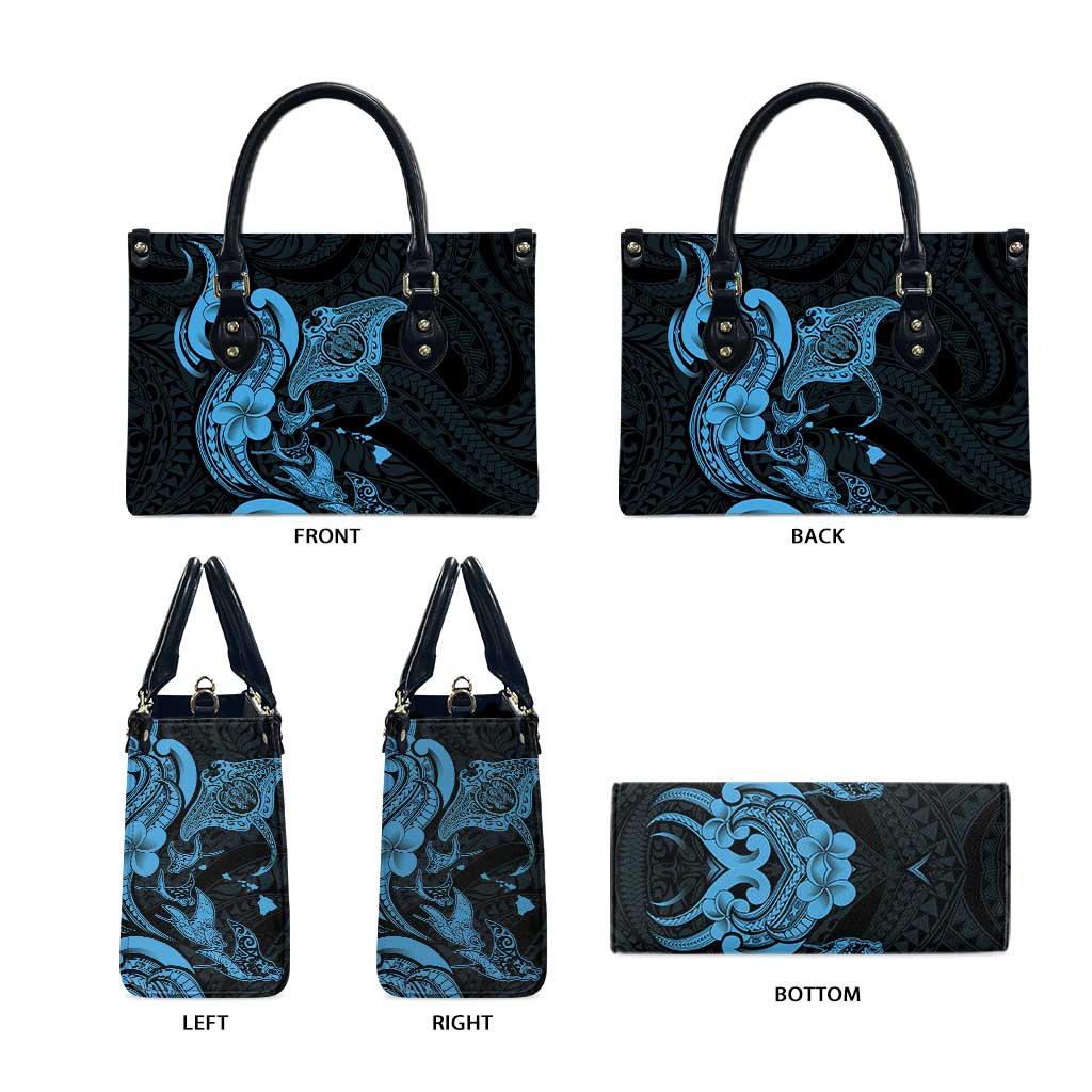 Hawaiian Manta Rays Leather Bag Tribal Hibiscus Polynesian Tattoos Blue Color - Polynesian Pride