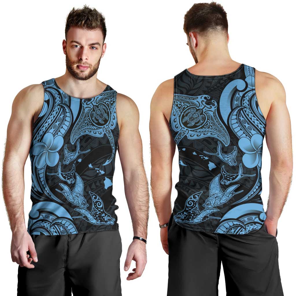 Hawaiian Manta Rays Men Tank Top Tribal Hibiscus Polynesian Tattoos Blue Color - Polynesian Pride