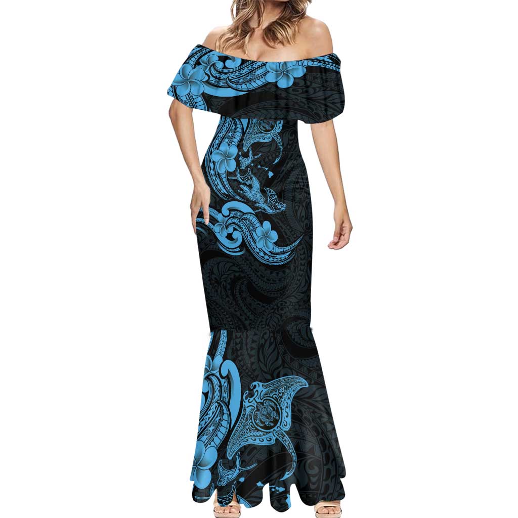 Hawaiian Manta Rays Mermaid Dress Tribal Hibiscus Polynesian Tattoos Blue Color - Polynesian Pride