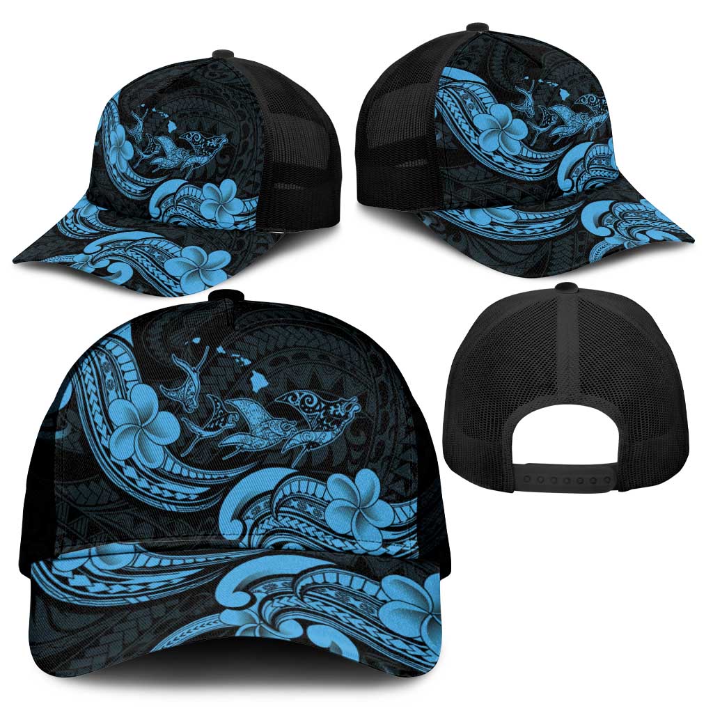 Hawaiian Manta Rays Mesh Trucker Cap Tribal Hibiscus Polynesian Tattoos Blue Color - Polynesian Pride