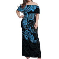 Hawaiian Manta Rays Off Shoulder Maxi Dress Tribal Hibiscus Polynesian Tattoos Blue Color - Polynesian Pride
