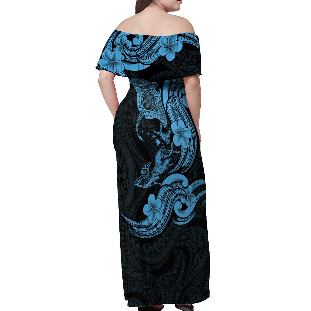 Hawaiian Manta Rays Off Shoulder Maxi Dress Tribal Hibiscus Polynesian Tattoos Blue Color - Polynesian Pride