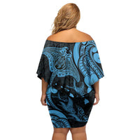 Hawaiian Manta Rays Off Shoulder Short Dress Tribal Hibiscus Polynesian Tattoos Blue Color - Polynesian Pride