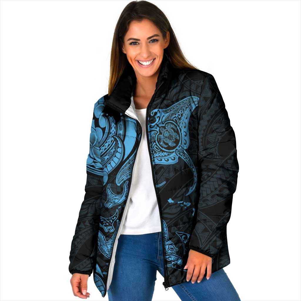 Hawaiian Manta Rays Padded Jacket Tribal Hibiscus Polynesian Tattoos Blue Color - Polynesian Pride