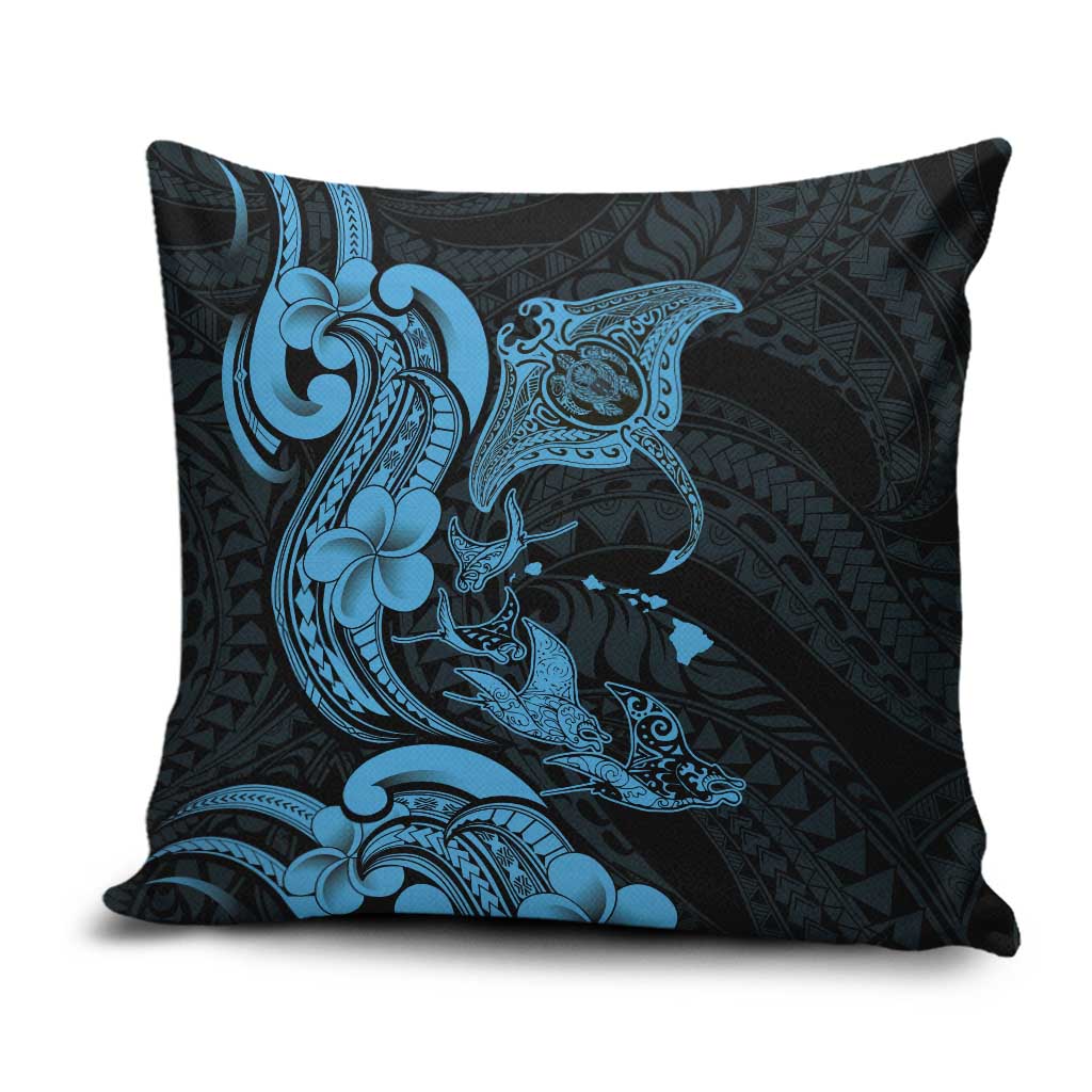 Hawaiian Manta Rays Pillow Cover Tribal Hibiscus Polynesian Tattoos Blue Color - Polynesian Pride