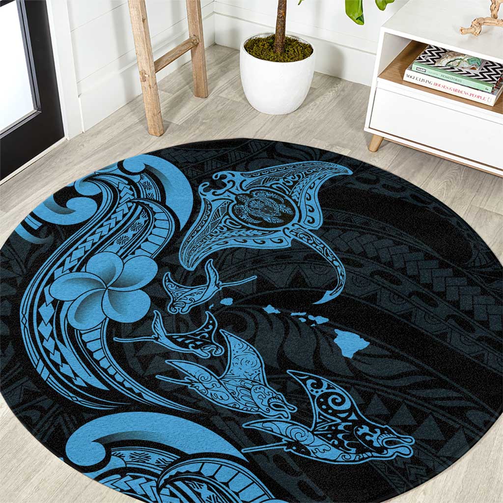 Hawaiian Manta Rays Round Carpet Tribal Hibiscus Polynesian Tattoos Blue Color - Polynesian Pride