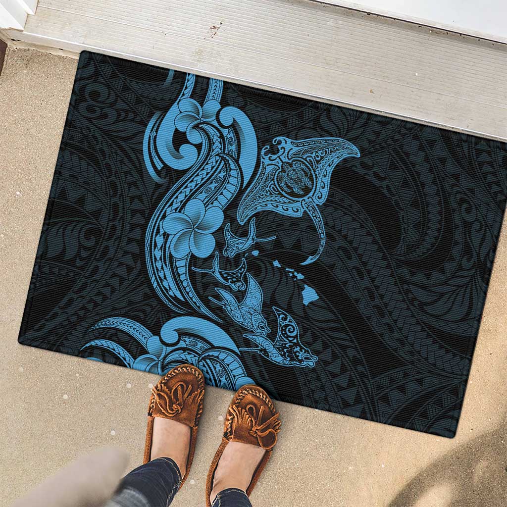 Hawaiian Manta Rays Rubber Doormat Tribal Hibiscus Polynesian Tattoos Blue Color - Polynesian Pride