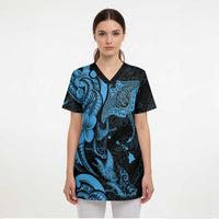Hawaiian Manta Rays Scrub Top Tribal Hibiscus Polynesian Tattoos Blue Color - Polynesian Pride