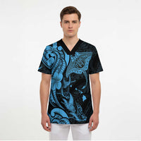 Hawaiian Manta Rays Scrub Top Tribal Hibiscus Polynesian Tattoos Blue Color - Polynesian Pride