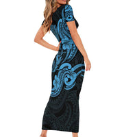 Hawaiian Manta Rays Short Sleeve Bodycon Dress Tribal Hibiscus Polynesian Tattoos Blue Color - Polynesian Pride