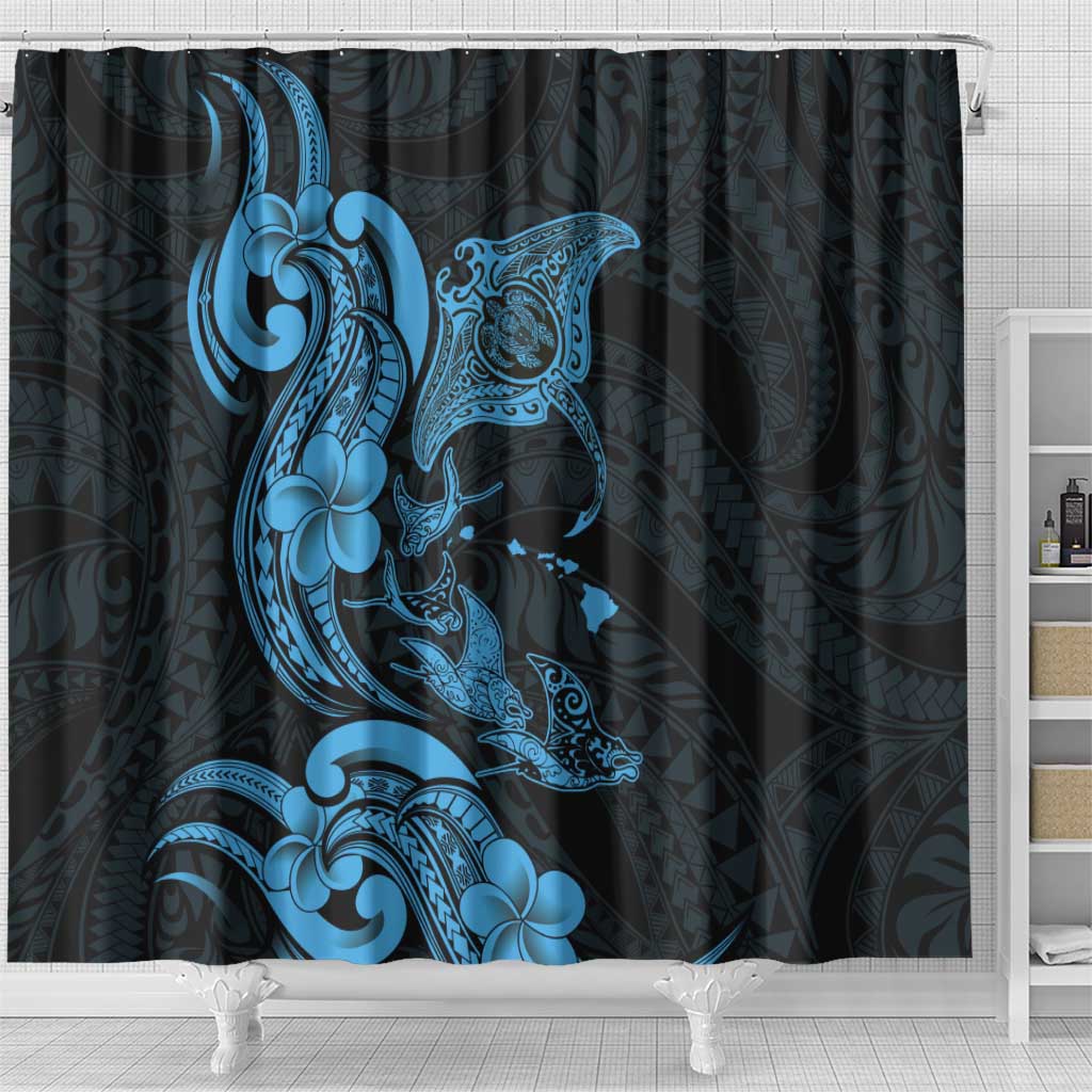 Hawaiian Manta Rays Shower Curtain Tribal Hibiscus Polynesian Tattoos Blue Color - Polynesian Pride