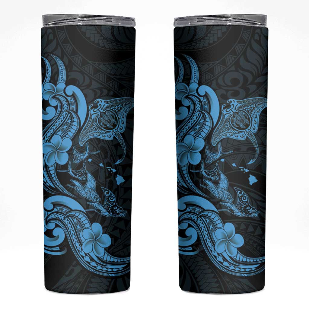 Hawaiian Manta Rays Skinny Tumbler Tribal Hibiscus Polynesian Tattoos Blue Color - Polynesian Pride