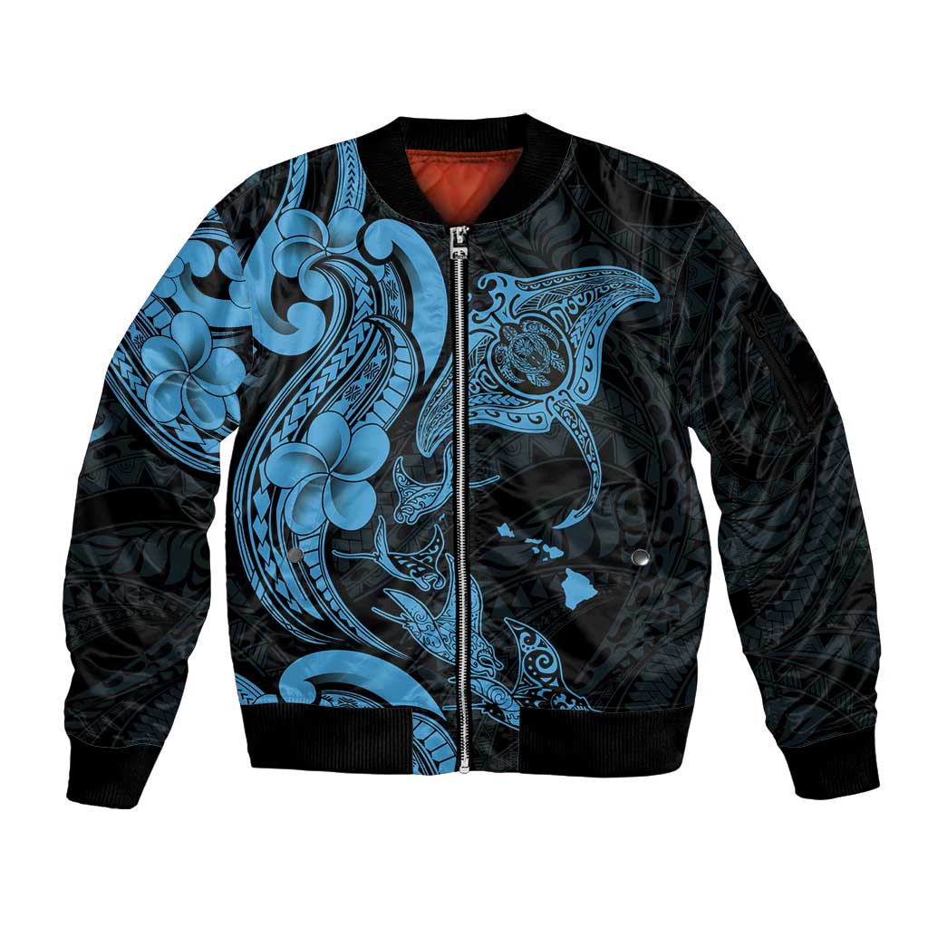 Hawaiian Manta Rays Sleeve Zip Bomber Jacket Tribal Hibiscus Polynesian Tattoos Blue Color - Polynesian Pride