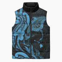 Hawaiian Manta Rays Sleeveless Puffer Jacket Tribal Hibiscus Polynesian Tattoos Blue Color - Polynesian Pride