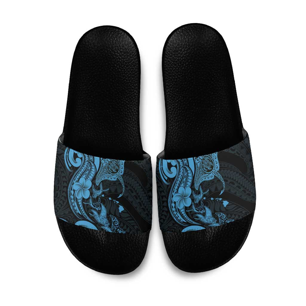 Hawaiian Manta Rays Slide Sandals Tribal Hibiscus Polynesian Tattoos Blue Color - Polynesian Pride