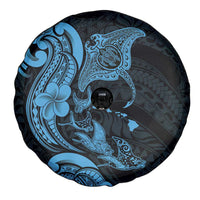 Hawaiian Manta Rays Spare Tire Cover Tribal Hibiscus Polynesian Tattoos Blue Color - Polynesian Pride