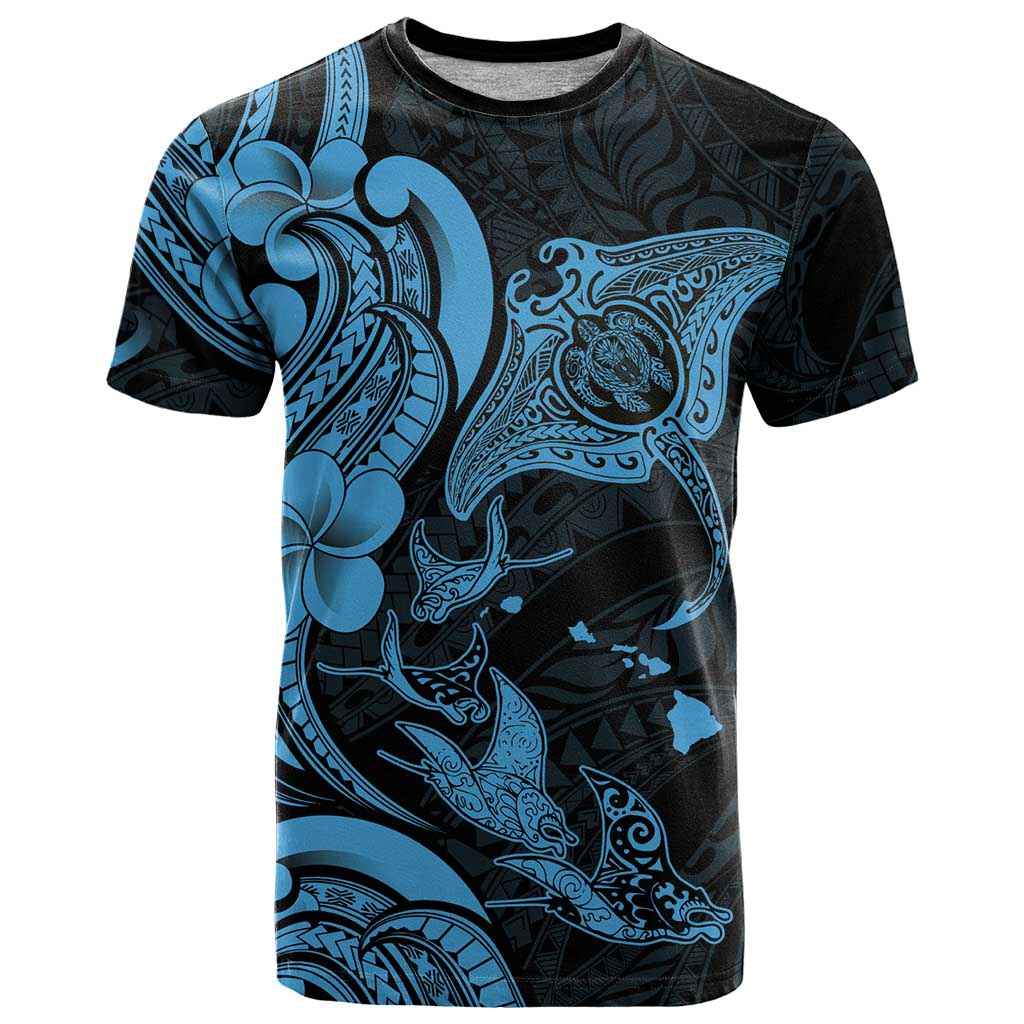 Hawaiian Manta Rays T Shirt Tribal Hibiscus Polynesian Tattoos Blue Color - Polynesian Pride
