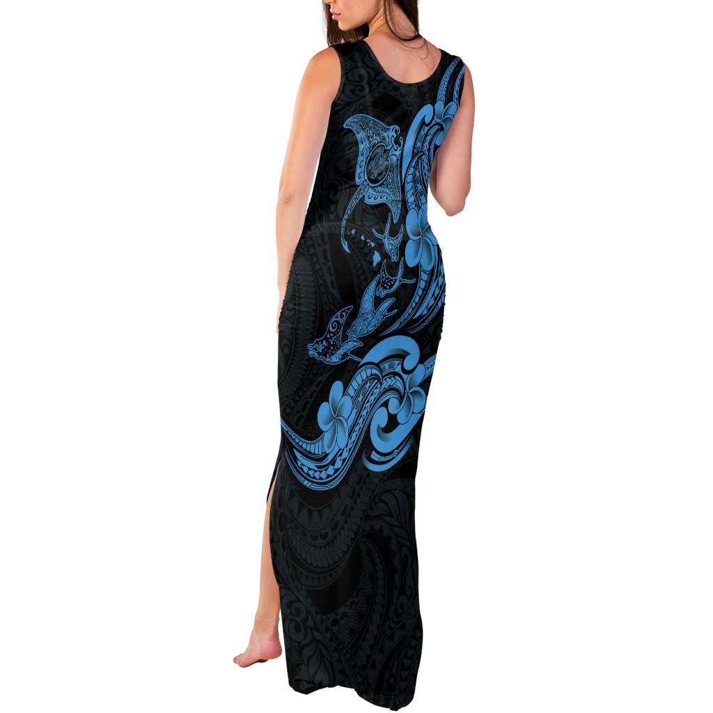 Hawaiian Manta Rays Tank Maxi Dress Tribal Hibiscus Polynesian Tattoos Blue Color - Polynesian Pride