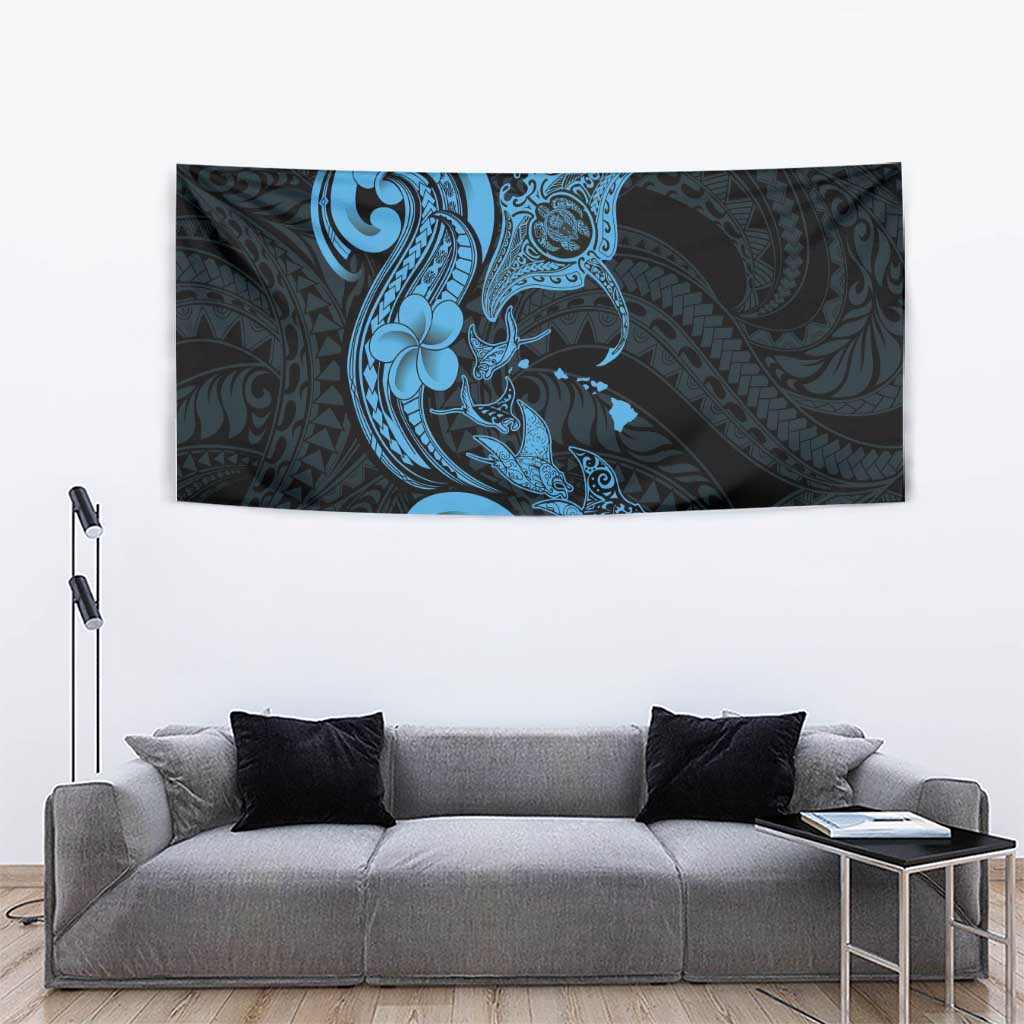 Hawaiian Manta Rays Tapestry Tribal Hibiscus Polynesian Tattoos Blue Color - Polynesian Pride