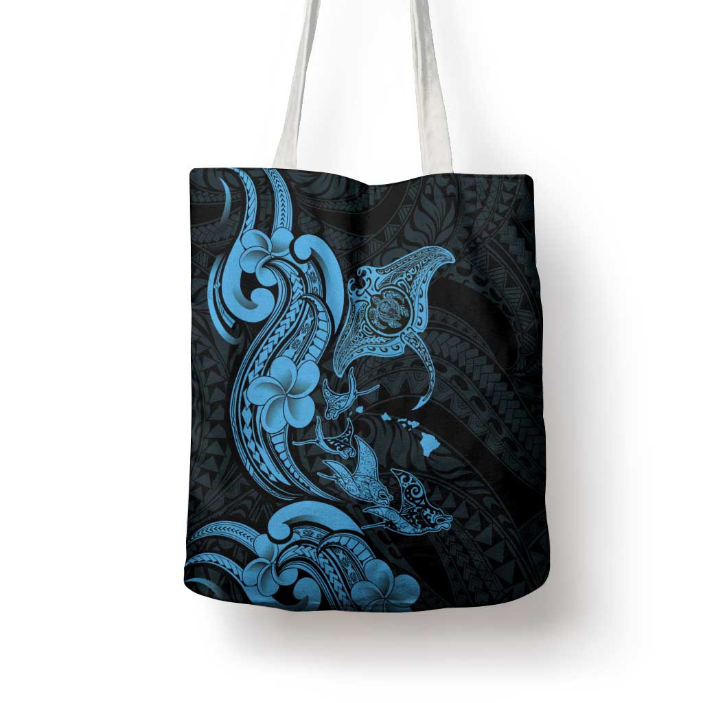 Hawaiian Manta Rays Tote Bag Tribal Hibiscus Polynesian Tattoos Blue Color - Polynesian Pride