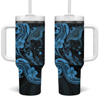 Hawaiian Manta Rays Tumbler With Handle Tribal Hibiscus Polynesian Tattoos Blue Color - Polynesian Pride