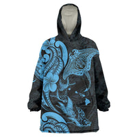 Hawaiian Manta Rays Wearable Blanket Hoodie Tribal Hibiscus Polynesian Tattoos Blue Color - Polynesian Pride