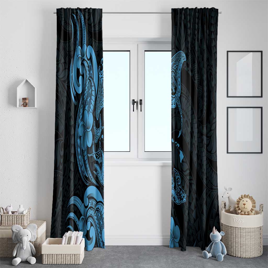 Hawaiian Manta Rays Window Curtain Tribal Hibiscus Polynesian Tattoos Blue Color - Polynesian Pride