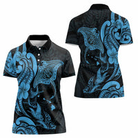 Hawaiian Manta Rays Women Polo Shirt Tribal Hibiscus Polynesian Tattoos Blue Color - Polynesian Pride