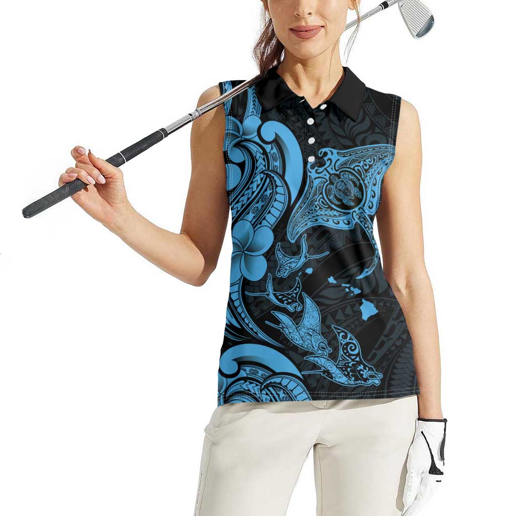 Hawaiian Manta Rays Women Sleeveless Polo Shirt Tribal Hibiscus Polynesian Tattoos Blue Color - Polynesian Pride