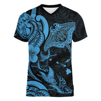 Hawaiian Manta Rays Women V-Neck T-Shirt Tribal Hibiscus Polynesian Tattoos Blue Color - Polynesian Pride