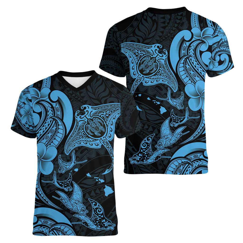 Hawaiian Manta Rays Women V-Neck T-Shirt Tribal Hibiscus Polynesian Tattoos Blue Color - Polynesian Pride