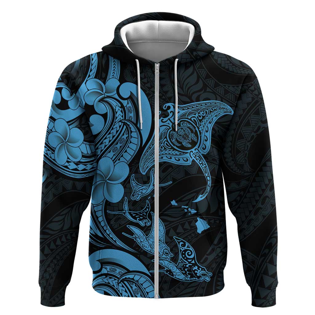 Hawaiian Manta Rays Zip Hoodie Tribal Hibiscus Polynesian Tattoos Blue Color - Polynesian Pride