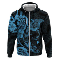Hawaiian Manta Rays Zip Hoodie Tribal Hibiscus Polynesian Tattoos Blue Color - Polynesian Pride