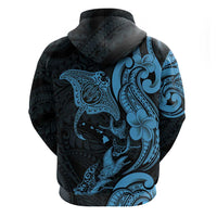 Hawaiian Manta Rays Zip Hoodie Tribal Hibiscus Polynesian Tattoos Blue Color - Polynesian Pride