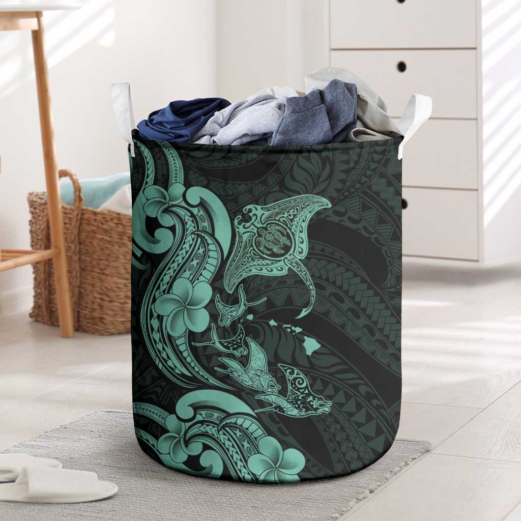 Hawaiian Manta Rays Laundry Basket Tribal Hibiscus Polynesian Tattoos Turquoise Color - Polynesian Pride
