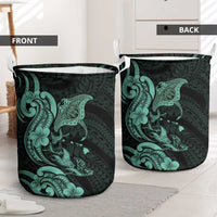 Hawaiian Manta Rays Laundry Basket Tribal Hibiscus Polynesian Tattoos Turquoise Color - Polynesian Pride
