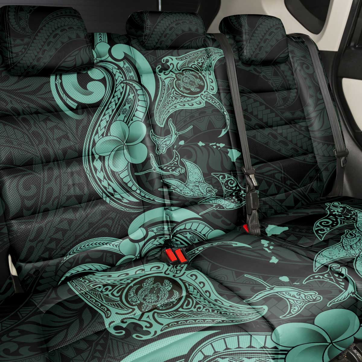 Hawaiian Manta Rays Back Car Seat Cover Tribal Hibiscus Polynesian Tattoos Turquoise Color - Polynesian Pride