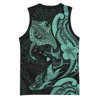 Hawaiian Manta Rays Basketball Jersey Tribal Hibiscus Polynesian Tattoos Turquoise Color - Polynesian Pride