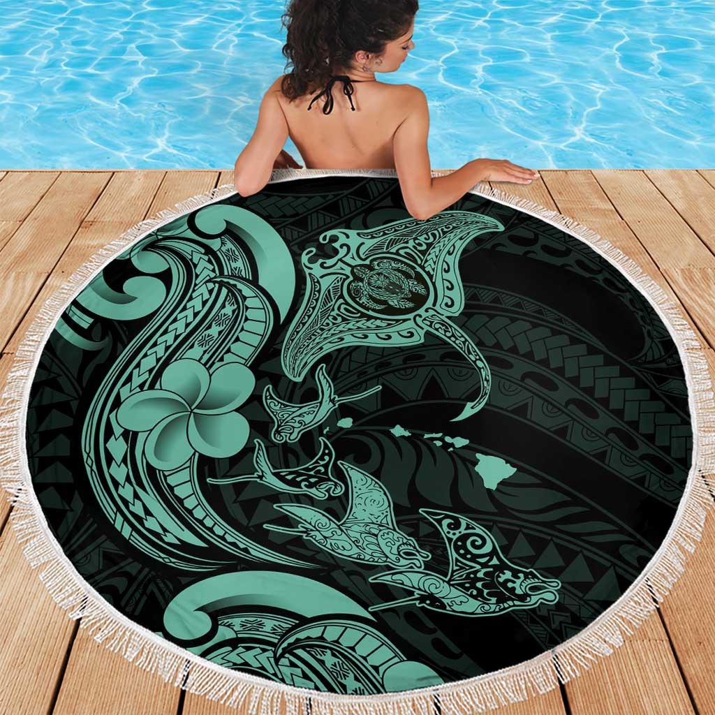 Hawaiian Manta Rays Beach Blanket Tribal Hibiscus Polynesian Tattoos Turquoise Color - Polynesian Pride