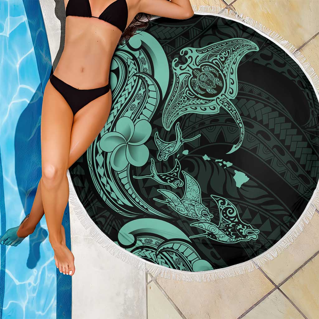 Hawaiian Manta Rays Beach Blanket Tribal Hibiscus Polynesian Tattoos Turquoise Color - Polynesian Pride